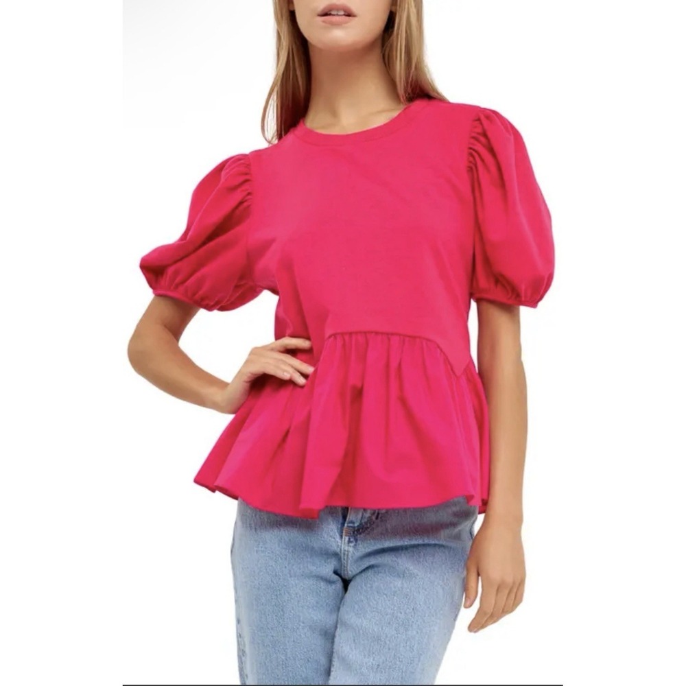 English Factory crew neckline voluminous puff sleeves Peplum Waist Size 3X